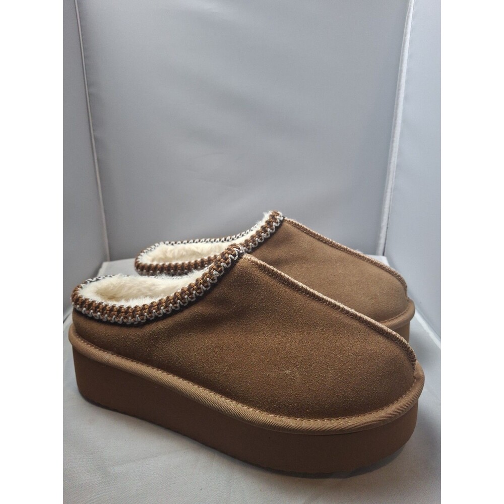 SERRA Women's Suede Slippers Chestnut Tan Faux Fur Trim Mules Size 7